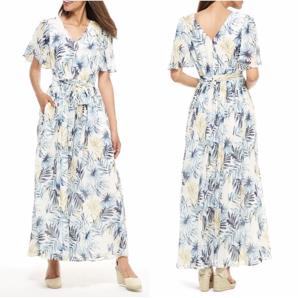 GAL MEETS GLAM Kiki Chiffon Flutter Sleeve Maxi‎ Dress Leaf Size 12P Women's